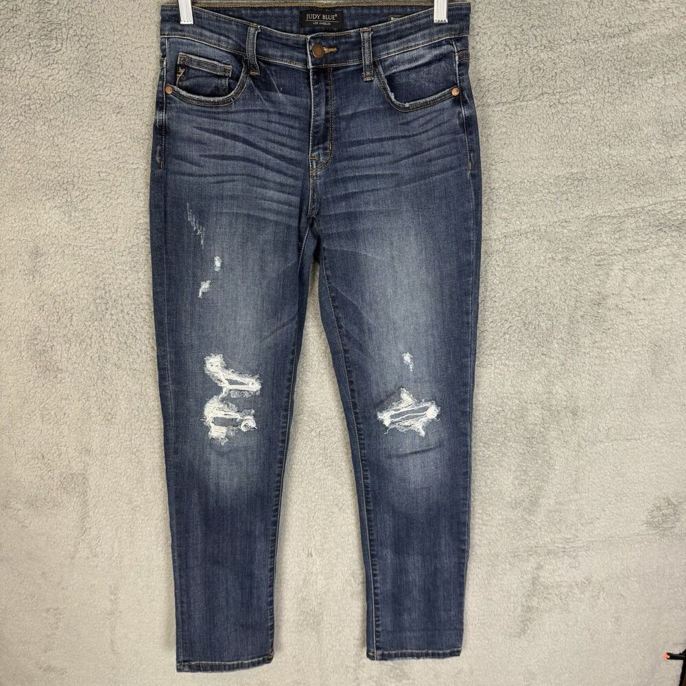 Judy Blue Womens Jeans 5/27 Blue Denim Boyfriend Fit Mid Rise Distressed